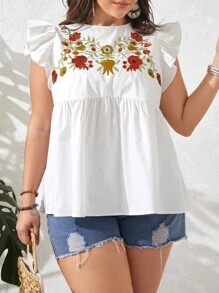 SHEIN VCAY Plus Floral Embroidery Ruffle Trim Peplum Blouse - White - View 5
