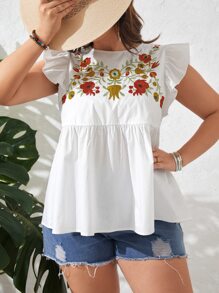 SHEIN VCAY Plus Floral Embroidery Ruffle Trim Peplum Blouse - White - View 1