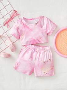Baby Marble Print Cut Out Tee & Shorts - Pink - View 1