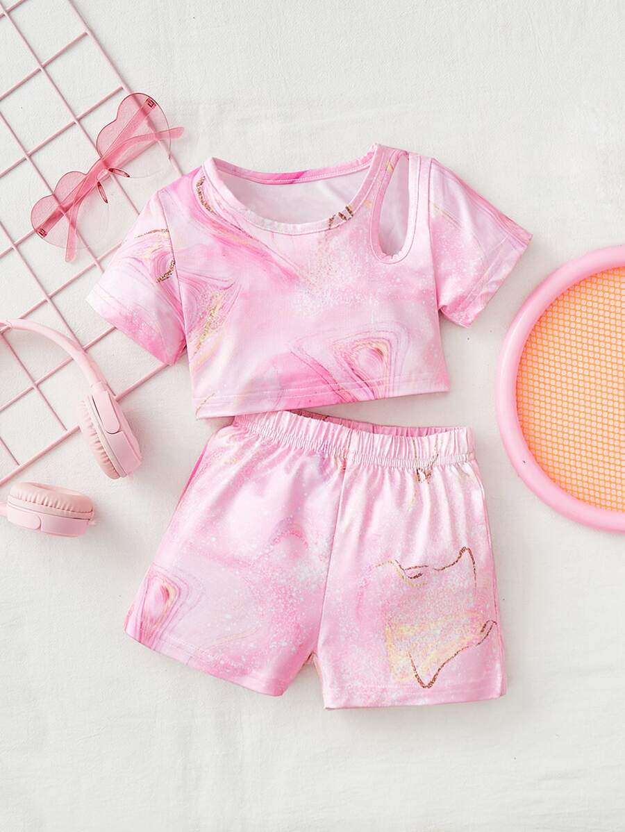 Baby Marble Print Cut Out Tee & Shorts - Pink - View 1