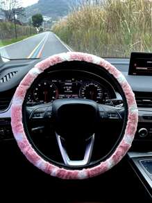 1pc Polka Dot Plush Car Steering Wheel Cover - Pink - View 2