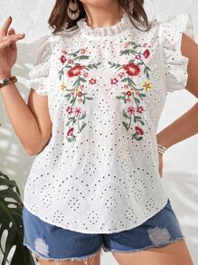 SHEIN VCAY Blouse brod?� fleur ?� volants ?� d?�tails ajour?�s | Mode en ligne | SHEIN FRANCE
