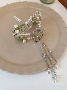 Sáp Vuốt Tóc Trang Trí Hoa & Ngọc Trai Giả - Bạc - Xem 2