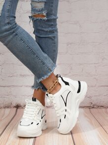 Letter Detail Lace-up Front Wedge Sneakers - Black and White - View 2