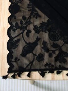 Floral Embroidered Tassel Decor Tablecloth - Black - View 6