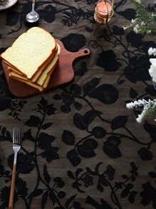 Floral Embroidered Tassel Decor Tablecloth - Black - View 7