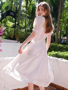 Square Neck Tie Front Puff Sleeve Dress - Baby Pink - View 2