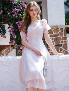 Square Neck Tie Front Puff Sleeve Dress - Baby Pink - View 5