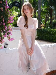 Square Neck Tie Front Puff Sleeve Dress - Baby Pink - View 7