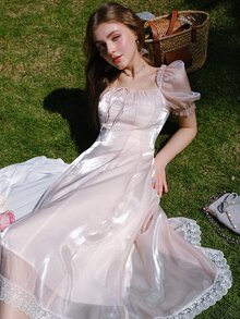 Square Neck Tie Front Puff Sleeve Dress - Baby Pink - View 10