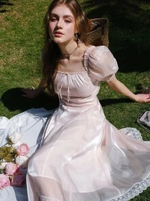 Square Neck Tie Front Puff Sleeve Dress - Baby Pink - View 12