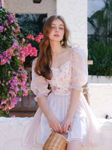 印花雞心領口泡泡袖網紗覆蓋連衣裙 - 淺粉色 - 查看 1