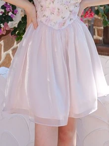 印花雞心領口泡泡袖網紗覆蓋連衣裙 - 淺粉色 - 查看 3