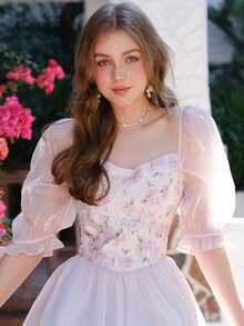 印花雞心領口泡泡袖網紗覆蓋連衣裙 - 淺粉色 - 查看 4