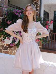 印花雞心領口泡泡袖網紗覆蓋連衣裙 - 淺粉色 - 查看 5