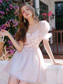 印花雞心領口泡泡袖網紗覆蓋連衣裙 - 淺粉色 - 查看 6