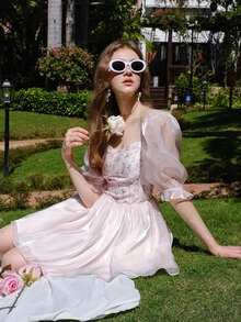 印花雞心領口泡泡袖網紗覆蓋連衣裙 - 淺粉色 - 查看 11