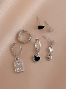 6pcs/set Letter Detail Rectangle & Heart Decor Earrings - Multicolor - View 2