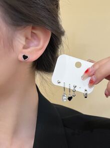 6pcs/set Letter Detail Rectangle & Heart Decor Earrings - Multicolor - View 4