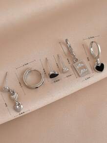 6pcs/set Letter Detail Rectangle & Heart Decor Earrings - Multicolor - View 5