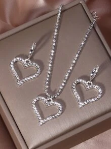 3pcs Jeweled Heart Claw Link Necklace And Earrings Set - Silver - View 2