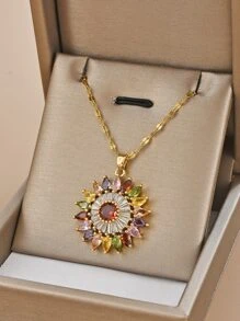 1 件不锈钢彩色锆石向日葵吊坠项链，适合女性日常佩戴，女士金项链，高品质 18K 金项链，女士珠宝项链，菊花，雏菊 - 金黃色 - 查看 1
