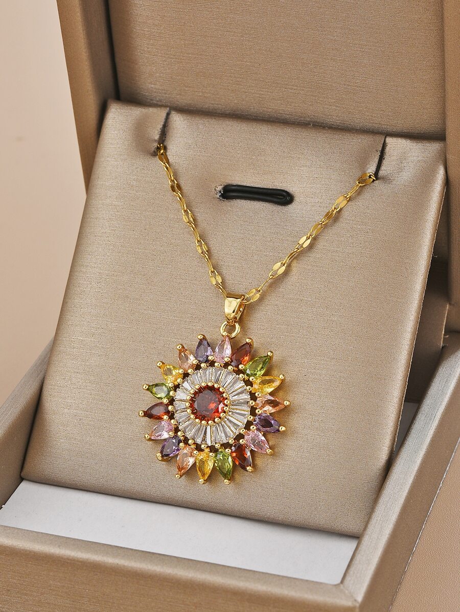 1 件不锈钢彩色锆石向日葵吊坠项链，适合女性日常佩戴，女士金项链，高品质 18K 金项链，女士珠宝项链，菊花，雏菊 - 金黃色 - 查看 1