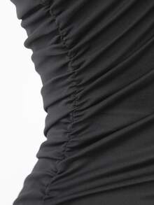 Cross Over Halter Tie Back Keyhole Ruched Dress - Black - View 8