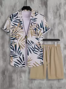 Manfinity RSRT Men Tropical Print Shirt & Drawstring Waist Shorts Without Tee - Multicolor - View 1