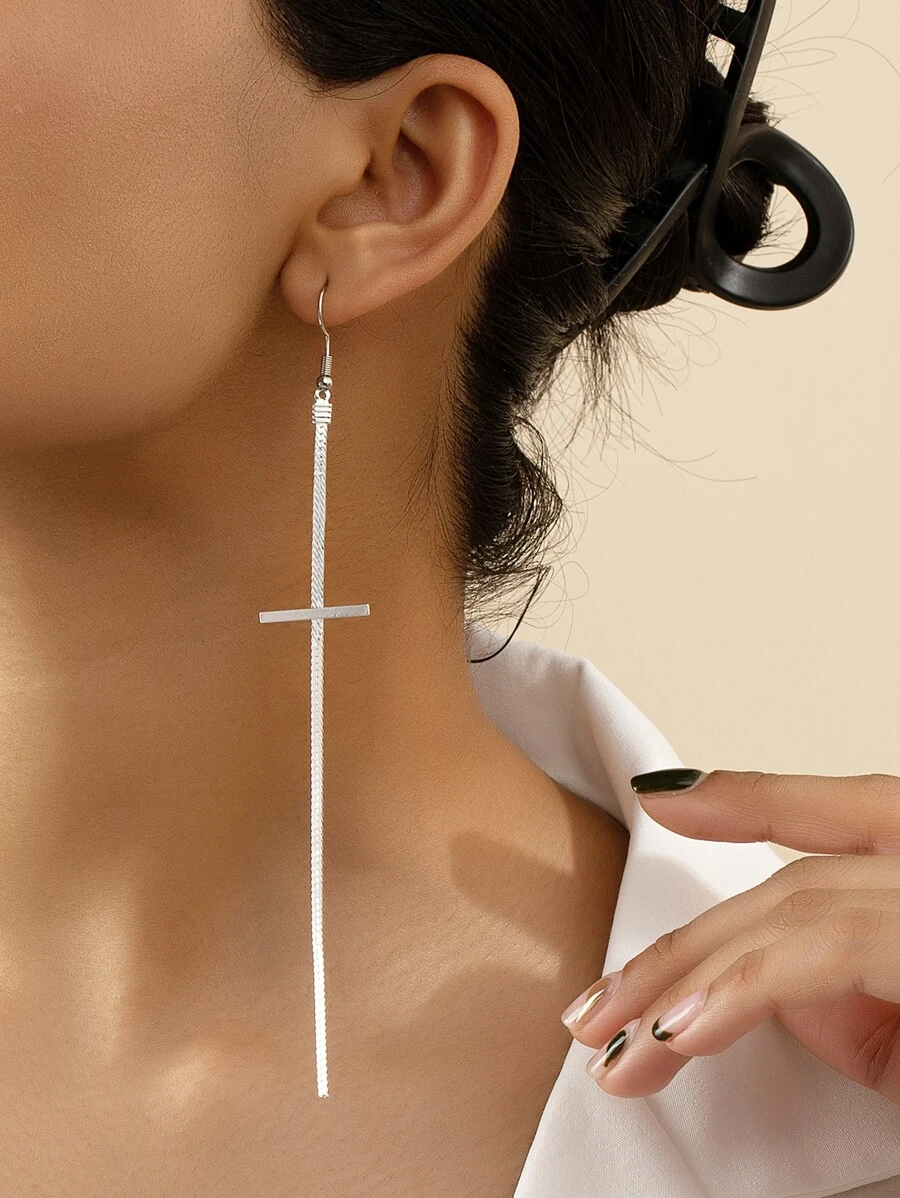 Cross Drop Earrings - Silver - View 1