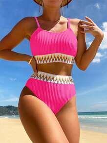 Swim Vcay Summer Beach Ribbed Bikini Set Contrast Trim Wireless Bra & High Waist Bikini Bottom 2 Pieces Bikini - Hot Pink - View 4