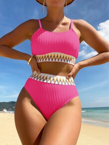 Swim Vcay Summer Beach Ribbed Bikini Set Contrast Trim Wireless Bra & High Waist Bikini Bottom 2 Pieces Bikini - Hot Pink - View 5