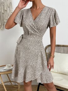 SHEIN VCAY Leopard Print Butterfly Sleeve Knot Side Wrap Dress - Apricot - View 1