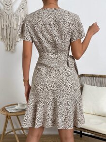 SHEIN VCAY Leopard Print Butterfly Sleeve Knot Side Wrap Dress - Apricot - View 2
