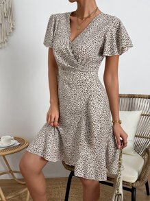 SHEIN VCAY Leopard Print Butterfly Sleeve Knot Side Wrap Dress - Apricot - View 3