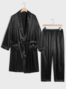 Extended Sizes Hombres Bata de dormir ribete en contraste con cinturón de satén con pantalones - Negro - Ver 1