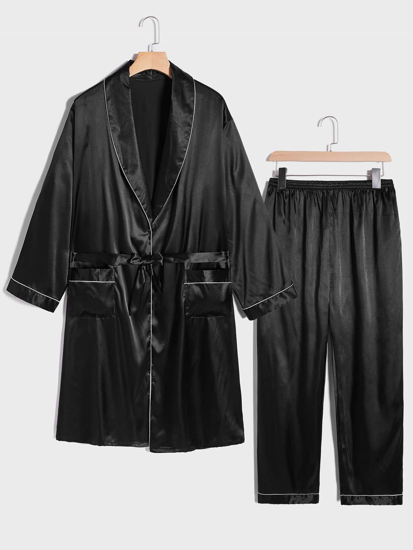 Extended Sizes Hombres Bata de dormir ribete en contraste con cinturón de satén con pantalones - Negro - Ver 1