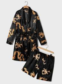 Hombres Bata de dormir con estampado de dragón con cinturón de satén & Shorts - Negro - Ver 1