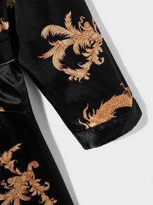 Hombres Bata de dormir con estampado de dragón con cinturón de satén & Shorts - Negro - Ver 3