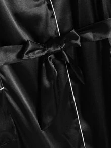 Extended Sizes Hombres Bata de dormir ribete en contraste con cinturón de satén con pantalones - Negro - Ver 3