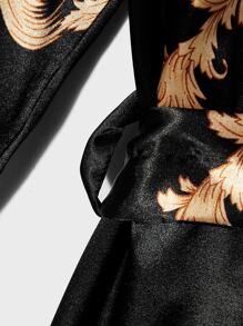 Hombres Bata de dormir con estampado de dragón con cinturón de satén & Shorts - Negro - Ver 4