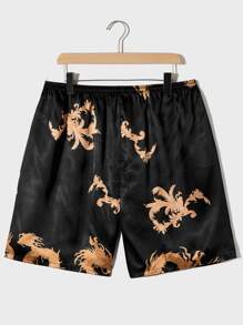 Hombres Bata de dormir con estampado de dragón con cinturón de satén & Shorts - Negro - Ver 5