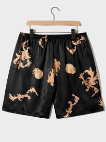 Hombres Bata de dormir con estampado de dragón con cinturón de satén & Shorts - Negro - Ver 6