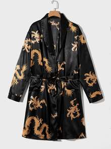 Hombres Bata de dormir con estampado de dragón con cinturón de satén & Shorts - Negro - Ver 7