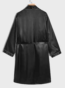 Extended Sizes Hombres Bata de dormir ribete en contraste con cinturón de satén con pantalones - Negro - Ver 8