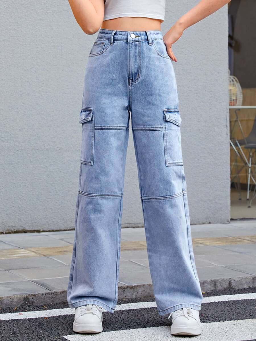 SHEIN 青少年女孩翻蓋口袋工裝牛仔褲