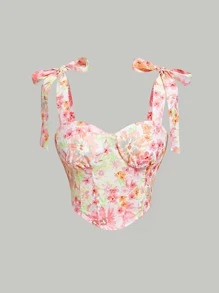SHEIN MOD Floral Print Knot Shoulder Cami Summer Scarf Asymmetrical Hem Cropped Top - Multicolor - View 1