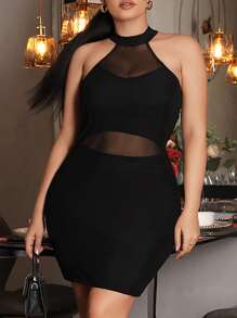 SHEIN SXY Plus Mesh Insert Halter Neck Cut Out Back Bodycon Dress - Black - View 1