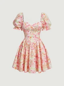 SHEIN MOD Floral Print Ruched Elegant Puff Sleeve Dress - Multicolor - View 1