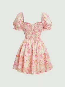 SHEIN MOD Floral Print Ruched Elegant Puff Sleeve Dress - Multicolor - View 2